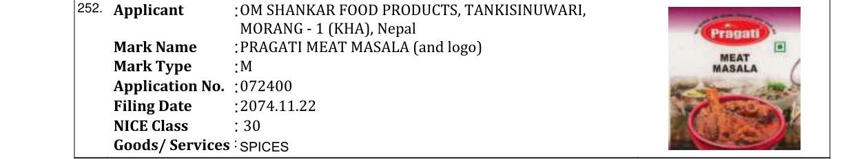 Original bulletin entry for PRAGATI MEAT MASALA (and logo)