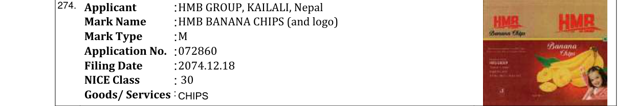 Original bulletin entry for HMB BANANA CHIPS (and logo)