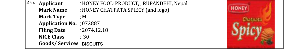 Original bulletin entry for HONEY CHATPATA SPIECY (and logo)