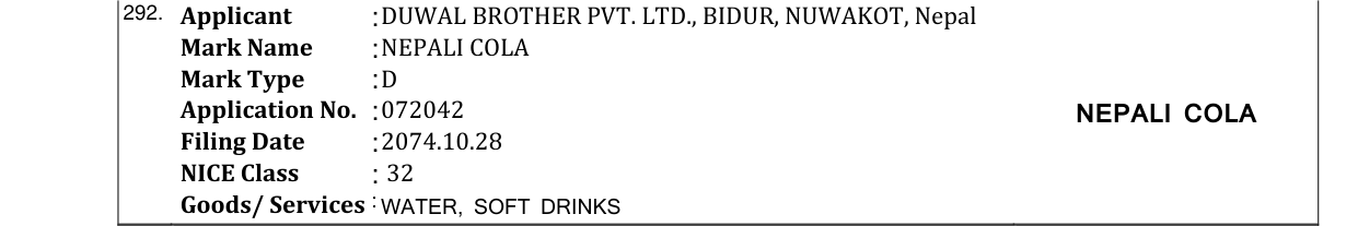 Original bulletin entry for NEPALI COLA