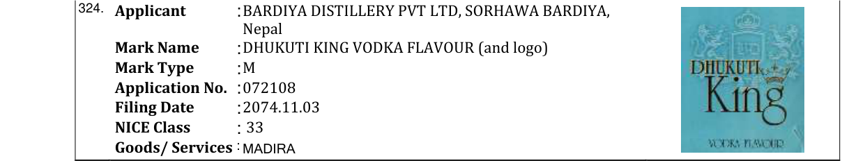 Original bulletin entry for DHUKUTI KING VODKA FLAVOUR (and logo)