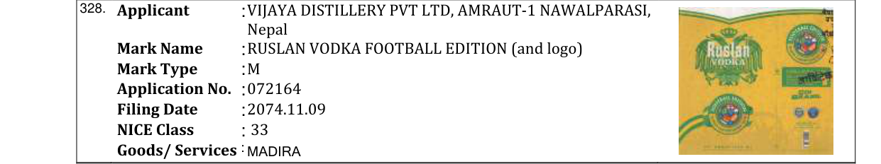 Original bulletin entry for RUSLAN VODKA FOOTBALL EDITION (and logo)