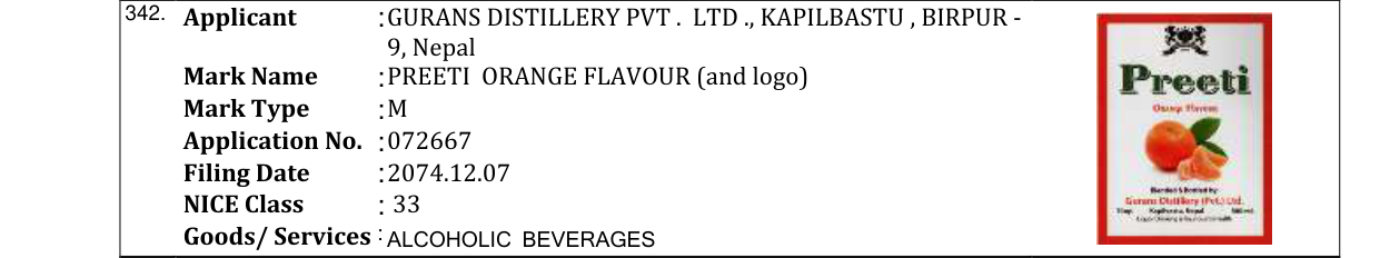 Original bulletin entry for PREETI ORANGE FLAVOUR (and logo)