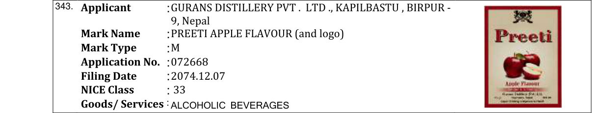 Original bulletin entry for PREETI APPLE FLAVOUR (and logo)