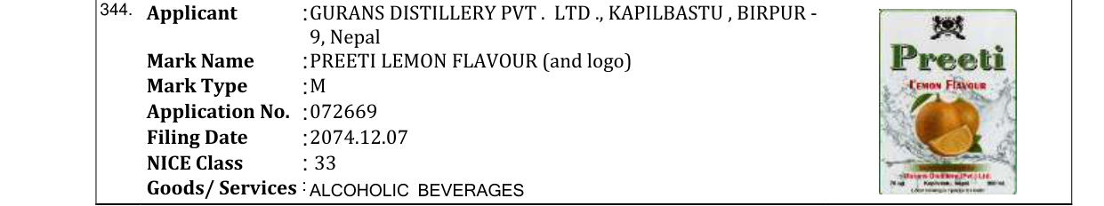 Original bulletin entry for PREETI LEMON FLAVOUR (and logo)