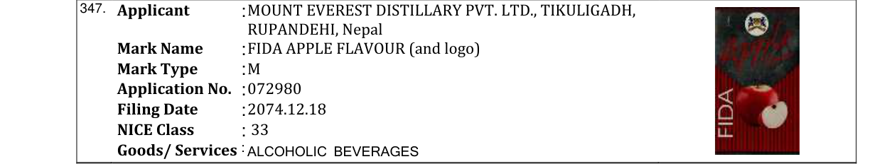 Original bulletin entry for FIDA APPLE FLAVOUR (and logo)
