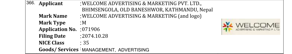 Original bulletin entry for WELCOME ADVERTISING & MARKETING (and logo)