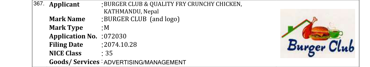 Original bulletin entry for BURGER CLUB (and logo)