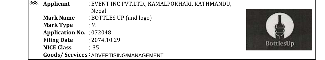 Original bulletin entry for BOTTLES UP (and logo)