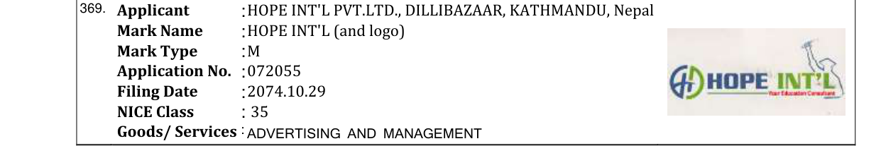 Original bulletin entry for HOPE INT'L (and logo)