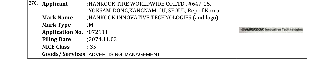 Original bulletin entry for HANKOOK INNOVATIVE TECHNOLOGIES (and logo)