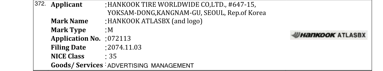 Original bulletin entry for HANKOOK ATLASBX (and logo)