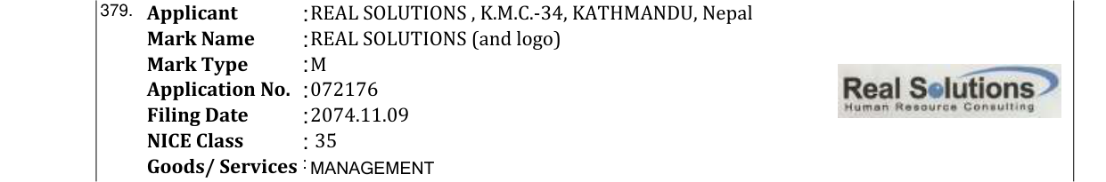 Original bulletin entry for REAL SOLUTIONS (and logo)