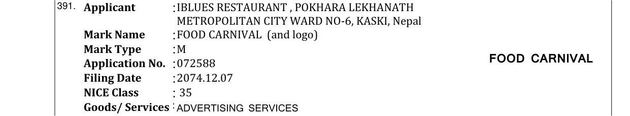 Original bulletin entry for FOOD CARNIVAL (and logo)