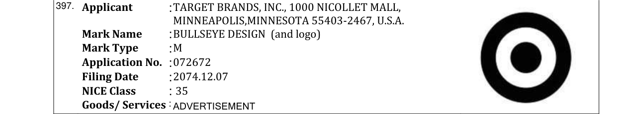 Original bulletin entry for BULLSEYE DESIGN (and logo)