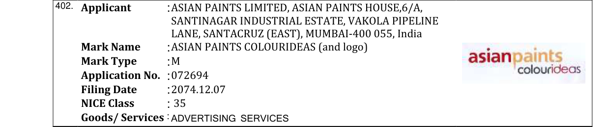 Original bulletin entry for ASIAN PAINTS COLOURIDEAS (and logo)