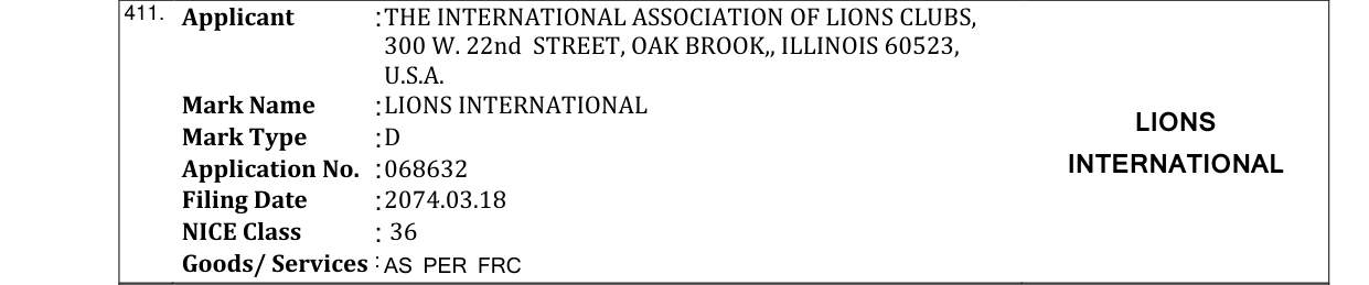 Original bulletin entry for LIONS INTERNATIONAL LIONS