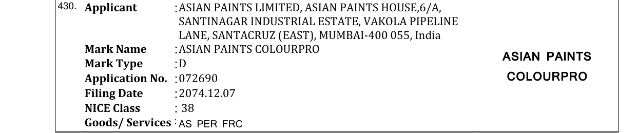 Original bulletin entry for ASIAN PAINTS COLOURPRO ASIAN PAINTS