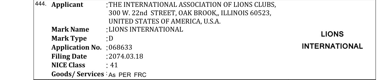Original bulletin entry for LIONS INTERNATIONAL LIONS