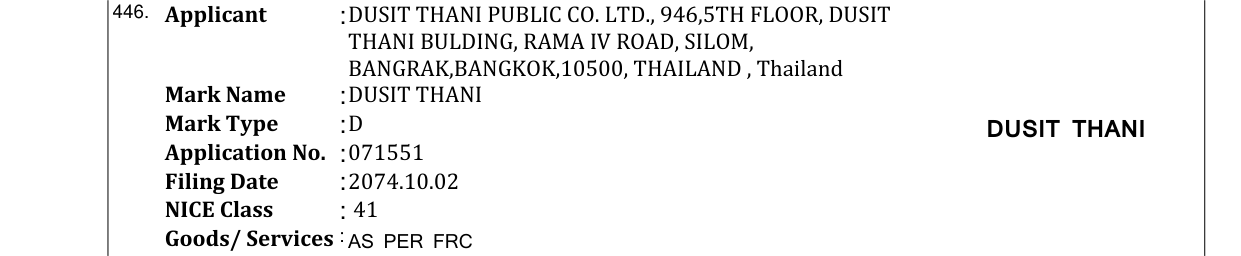 Original bulletin entry for DUSIT THANI