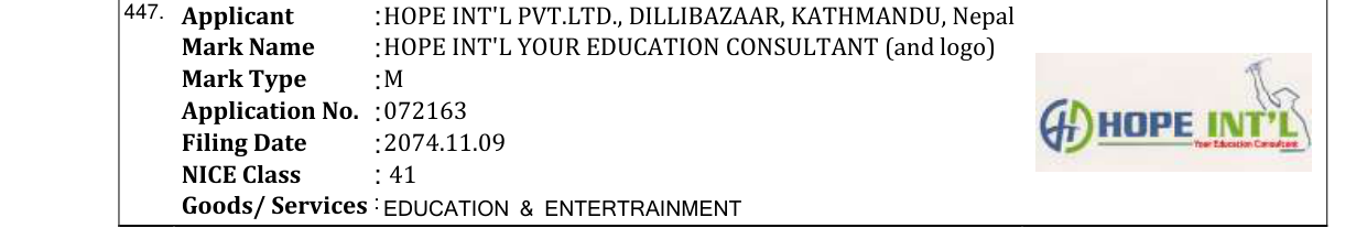 Original bulletin entry for HOPE INT'L YOUR EDUCATION CONSULTANT (and logo)