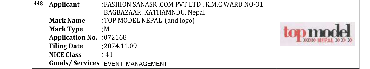 Original bulletin entry for TOP MODEL NEPAL (and logo)