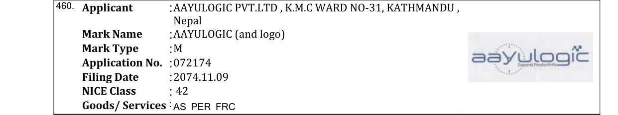 Original bulletin entry for AAYULOGIC (and logo)