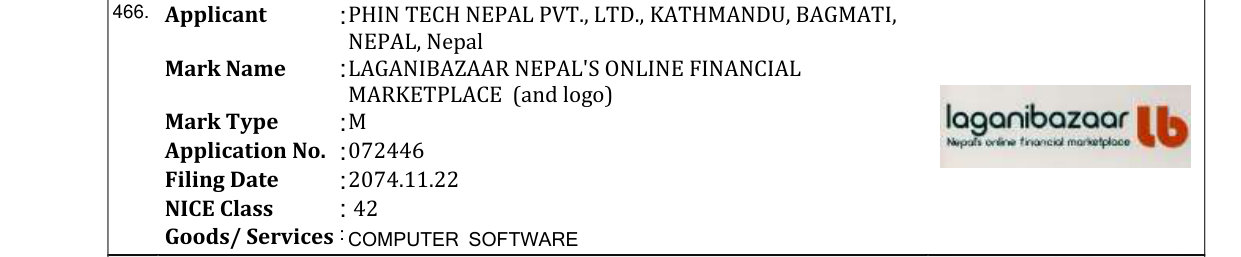 Original bulletin entry for LAGANIBAZAAR NEPAL'S ONLINE FINANCIAL MARKETPLACE (and logo)