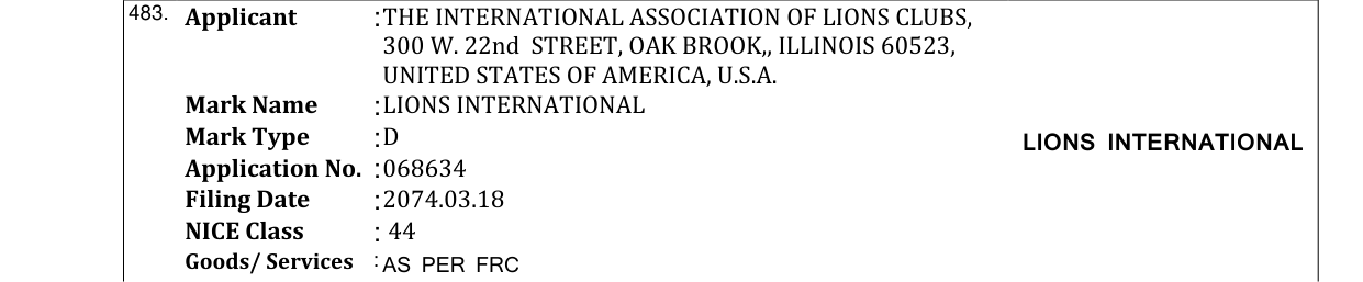 Original bulletin entry for LIONS INTERNATIONAL