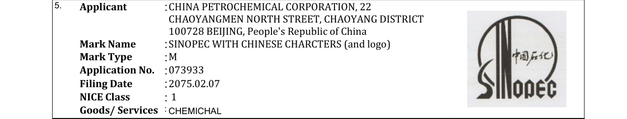 Original bulletin entry for SINOPEC WITH CHINESE CHARCTERS (and logo)