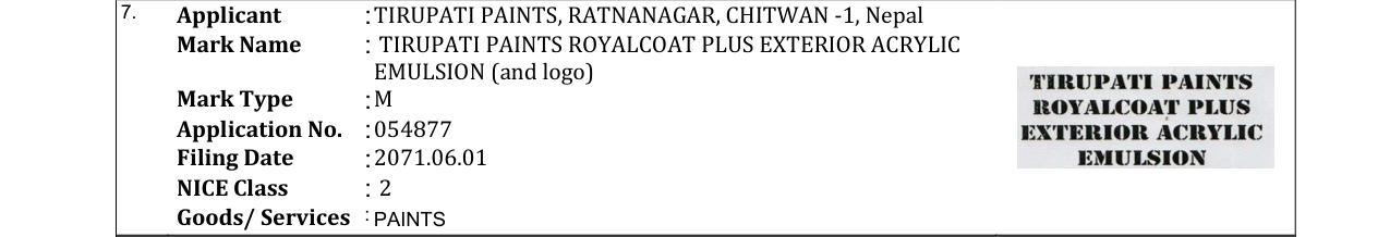 Original bulletin entry for TIRUPATI PAINTS ROYALCOAT PLUS EXTERIOR ACRYLIC EMULSION (and logo)
