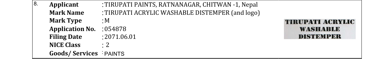 Original bulletin entry for TIRUPATI ACRYLIC WASHABLE DISTEMPER (and logo)