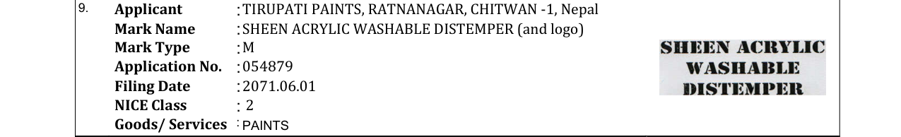 Original bulletin entry for SHEEN ACRYLIC WASHABLE DISTEMPER (and logo)