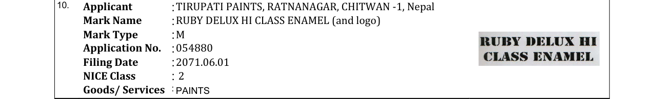 Original bulletin entry for RUBY DELUX HI CLASS ENAMEL (and logo)