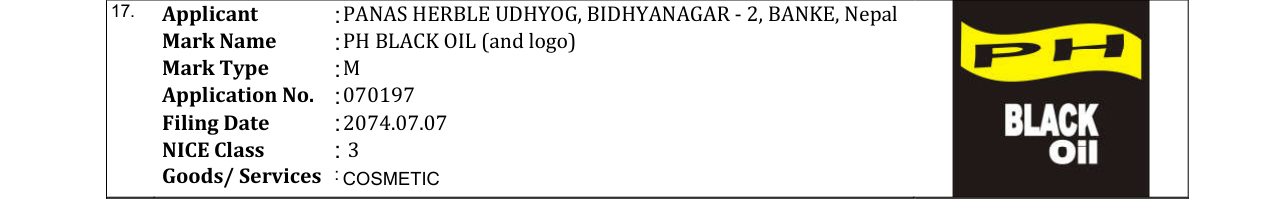 Original bulletin entry for PH BLACK OIL (and logo)