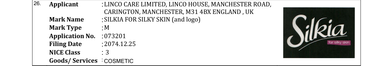 Original bulletin entry for SILKIA FOR SILKY SKIN (and logo)