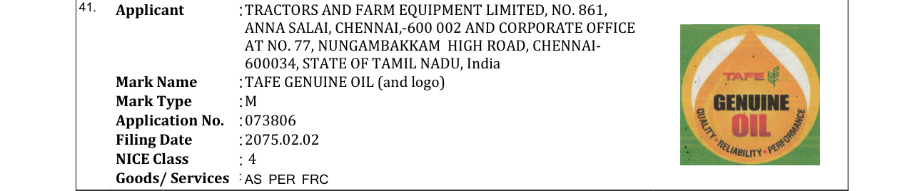 Original bulletin entry for TAFE GENUINE OIL (and logo)