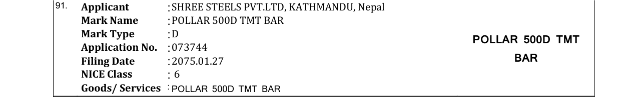 Original bulletin entry for POLLAR 500D TMT BAR