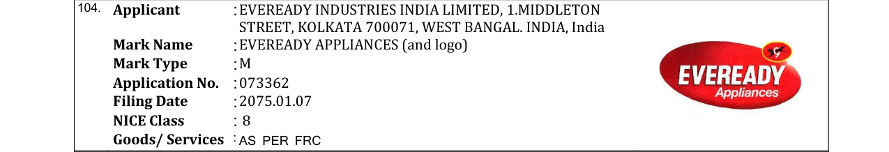 Original bulletin entry for EVEREADY APPLIANCES (and logo)
