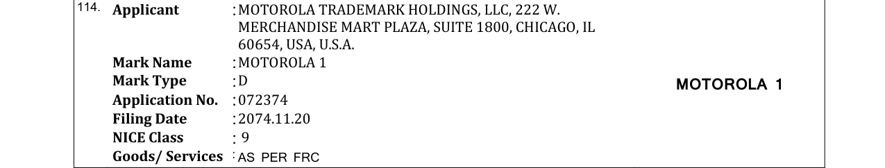 Original bulletin entry for MOTOROLA 1