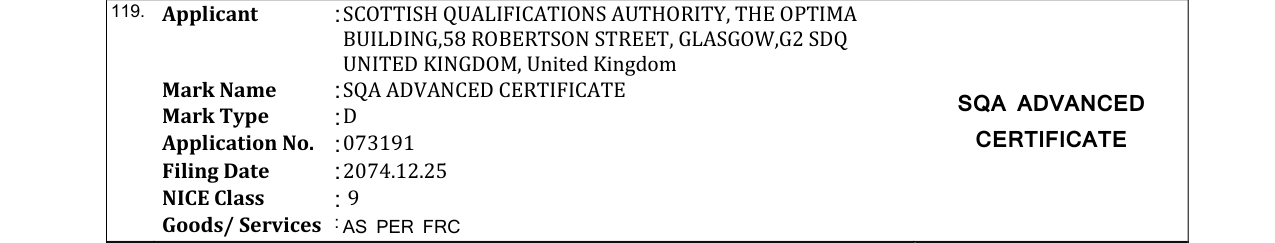 Original bulletin entry for SQA ADVANCED CERTIFICATE SQA ADVANCED