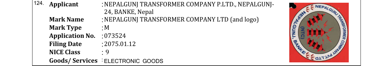 Original bulletin entry for NEPALGUNJ TRANSFORMER COMPANY LTD (and logo)