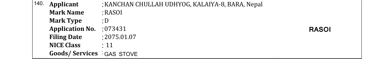Original bulletin entry for RASOI