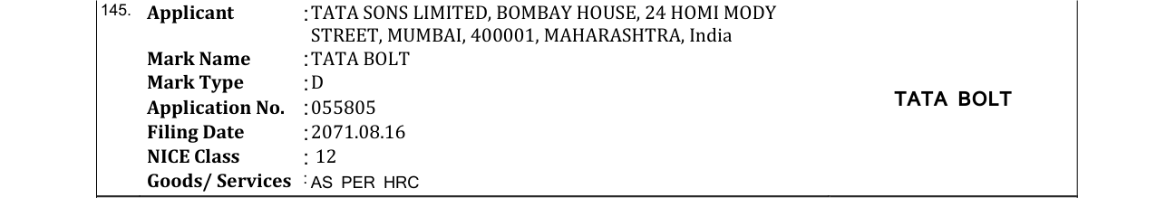 Original bulletin entry for TATA BOLT