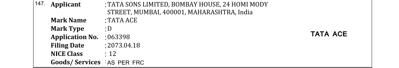 Original bulletin entry for TATA ACE
