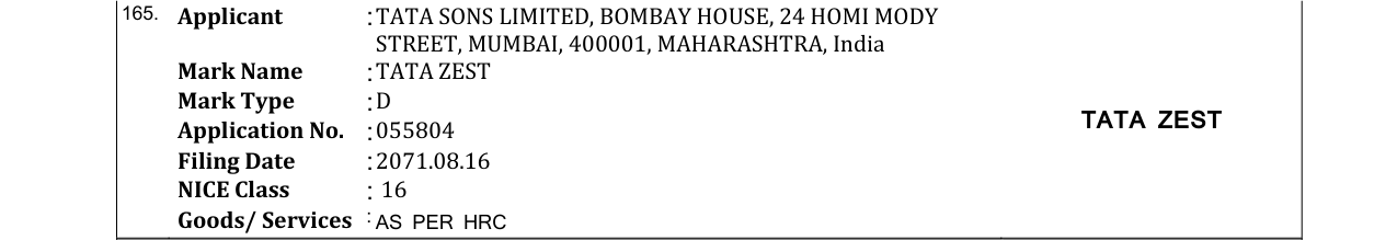 Original bulletin entry for TATA ZEST