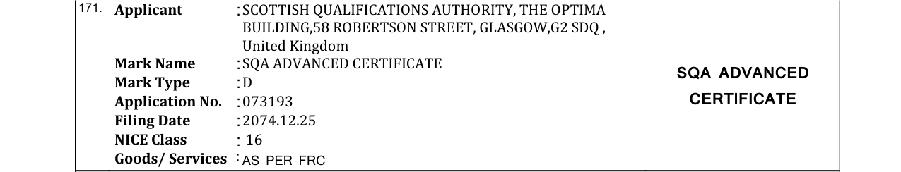 Original bulletin entry for SQA ADVANCED CERTIFICATE SQA ADVANCED