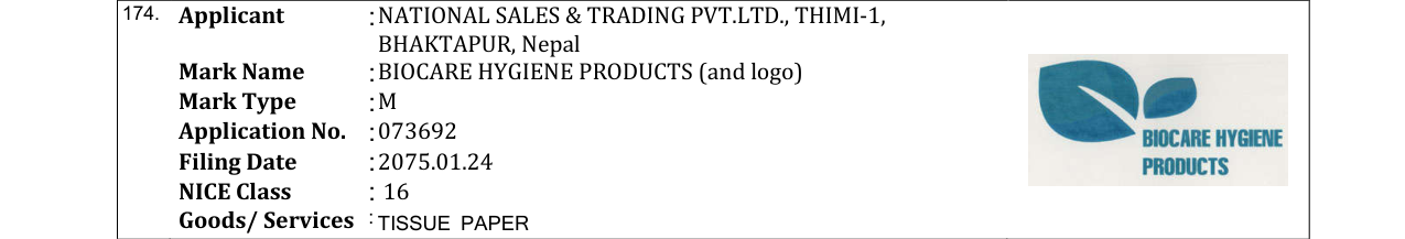 Original bulletin entry for BIOCARE HYGIENE PRODUCTS (and logo)
