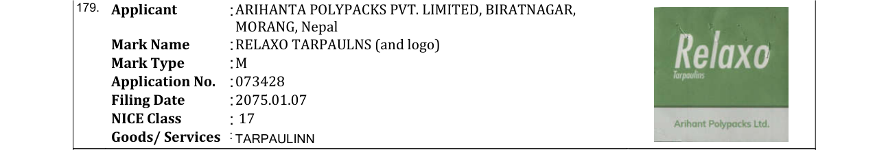 Original bulletin entry for RELAXO TARPAULNS (and logo)