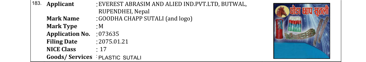 Original bulletin entry for GOODHA CHAPP SUTALI (and logo)